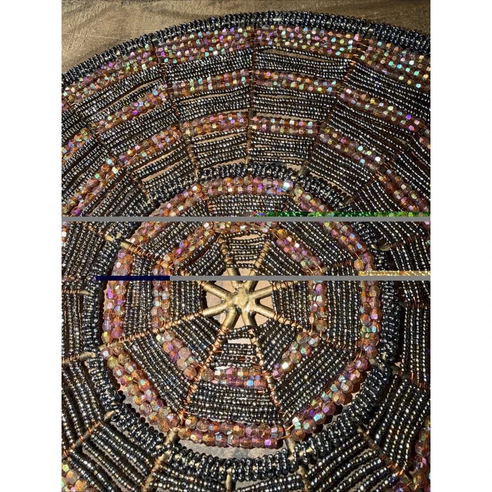 Set Hand Beaded Round Placemat Metallic Glass Seed Bead Spiderweb Starburst‎ Mat